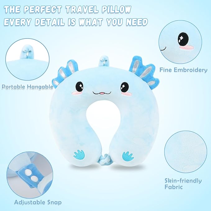 Travel Pillow, Kids Travel Pillow with Sleep Eye Mask Soft Memory Foam Kids Neck Pillow for Boys & Girls, Travel Accessories for Car Airplane Traveling - Blue Axolotl