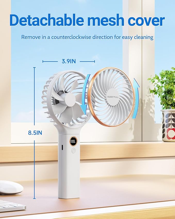 SWEETFULL Handheld Portable Fan, 5000mAh Rechargeable Battery, 6 Speed Wind, LED Digital Display, Foldable Electric Personal Mini Travel Fan with Backup Power, Summer Essentials Gifts for Women Girl