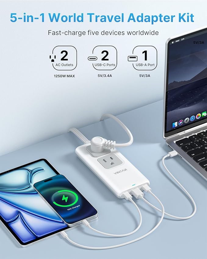 Universal Travel Adapter Kit, VINTAR International Power Adapter with 5ft Extension Cord, 2 Outlets and 3 USB, Type A/C/D/G/I/M Plug for EU/UK/India/Africa/US, Power Strip for Travel Home Cruise Ship