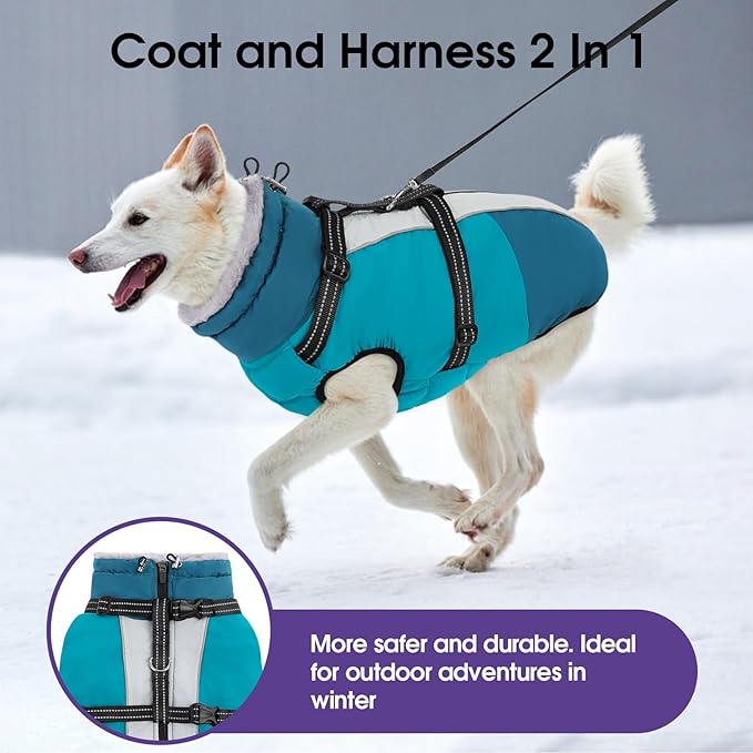 SUNFURA Dog Winter Coat, Warm Dog Coat with Harness for Medium Dogs Boys Girls, Reflective Fleece Lined Pet Winter Jacket Snowsuit for Pug, Jack Russel, Schnauzer, Turquoise M