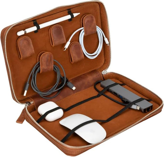 Medicine Handmade Leather Cable Organizer Bag – Full-Grain Leather Travel Tech Case for Cords, Chargers & Accessories – Zippered Storage for Men & Women (Tiguan Tan)
