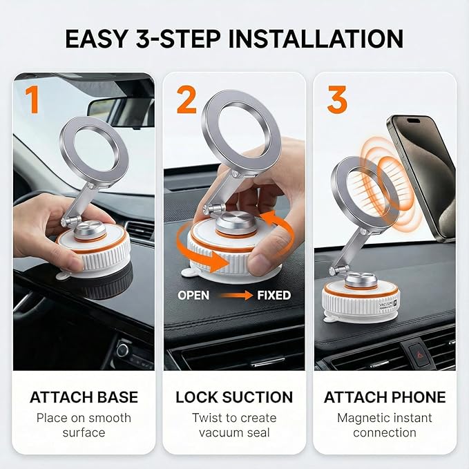 Vacuum Magnetic Car Phone Mount, 120+ LB Vacuum Suction & 3000gf Magnetic Force, 360° Triple-Axis Adjustable Car Holder for iPhone & All Phones, Twist-Lock Suction Cup, Quick-Release – White