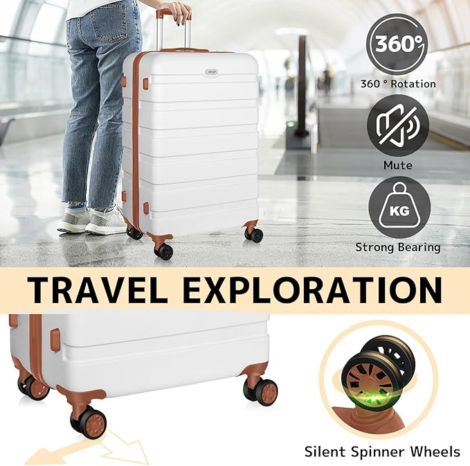 AnyZip Luggage PC ABS Hardside Lightweight Suitcase with 4 Universal Wheels TSA Lock Checked-Medium 24 Inch White Brown