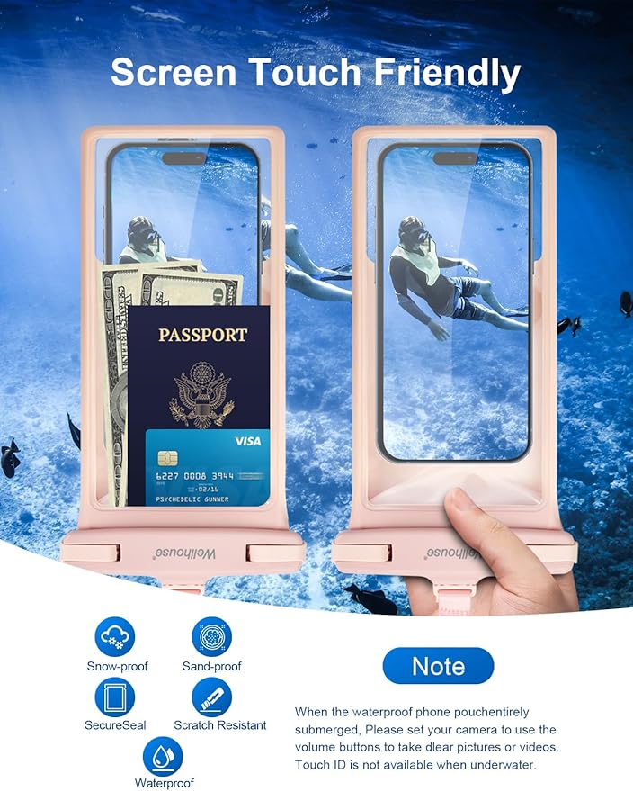 wellhouse Waterproof Phone Pouch, Waterproof Phone Case for iPhone 16 15 14 13 12 Pro Max XS Samsung, IPX8 3D Cellphone Dry Bag Beach Essentials (2 Pack - Blue & Pink8.0, 8 inch)