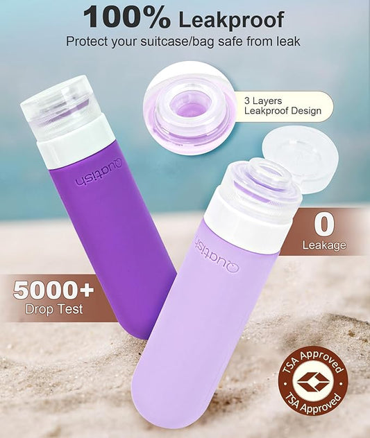 Quatish Travel Bottles for Toiletries 6 Pack, Original Patented Leakproof 3 oz Tsa Approved Travel Size Containers, BPA Free Silicone Shampoo and Conditioner Bottles, Camping Essentials, Purple