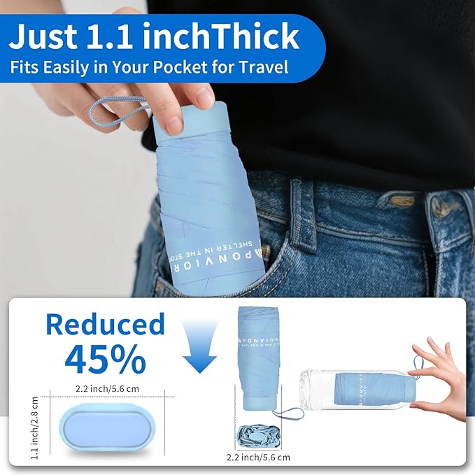 Compact Mini Windproof Travel Umbrella-UPF 50+ Sun & Rain Protection, Small Folding Design Fits in Pocket or Purse, Lightweight Portable with Case for Women, Men & Kids