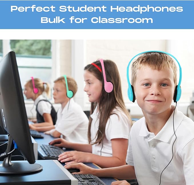 Yunsailing 30 Pack Bulk Over Ear Headphones Set On Ear Headsets Earphones with Adjustable Headband and 3.5mm Plug for Group Learning, Computer Lab, Library, Online Lesson (Macaron Color)