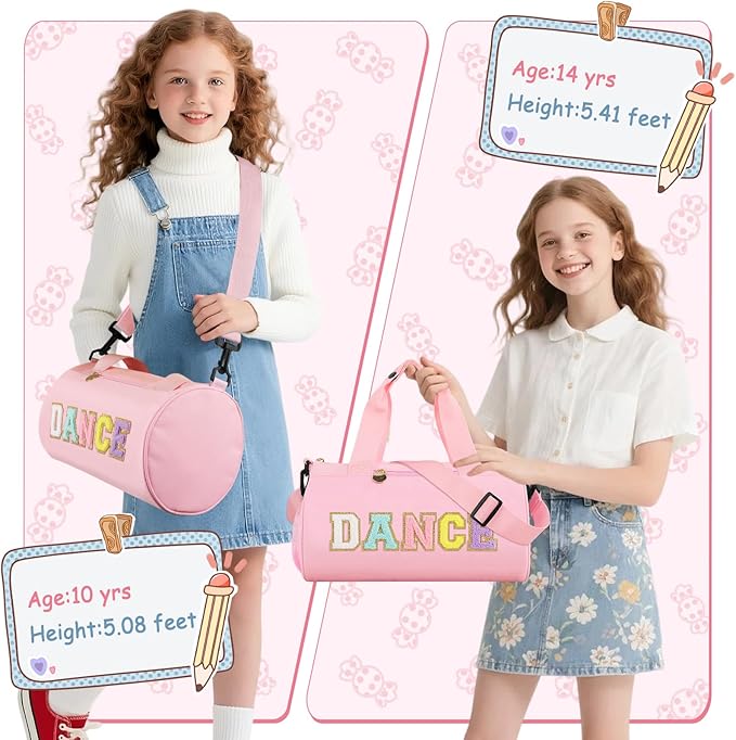 Personalized Dance Duffel Bags for Girls, Cute Colorful Chenille Letter Dance Ballet Workout Bag Gifts for Teen Girls, Waterproof Toddler Travel Weekender Duffel Bag with Adjustable Straps(Pink)