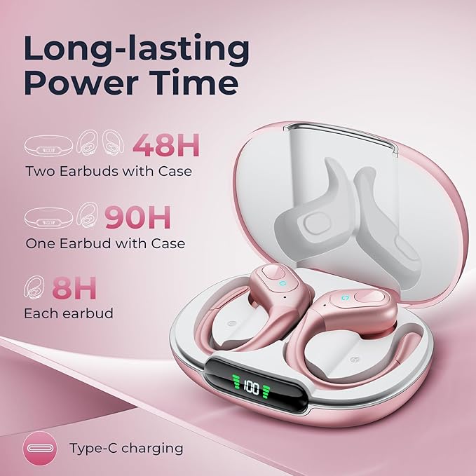 occiam Active Noise Cancelling Ear Buds Bluetooth Headphones Wireless Earbuds 90Hrs Playback Stereo Bass Earphones with Over-Ear Hooks IPX7 Waterproof Earbud for Sports Running Gym Workout Rose Gold