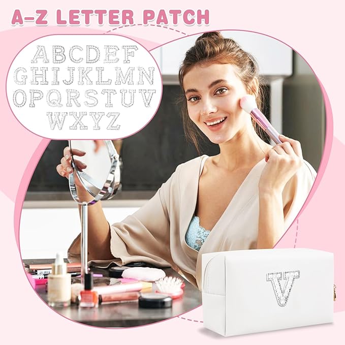 Bride Gifts – Personalized Initial Makeup Bag with Pearl Rhinestone Patch, Preppy White Monogram Cosmetic/Toiletry Pouch, bridesmaid Gifts, Bridal Shower Gifts, Wedding Gifts, Bridal Gifts,V