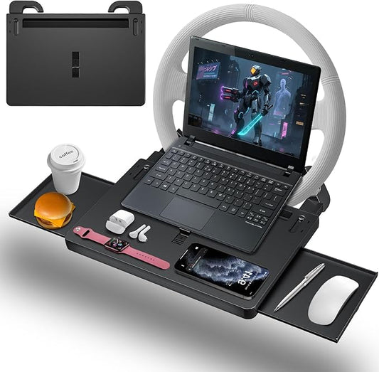 Steering Wheel Tray, Car Food Tray, Car Desk for Laptop, Multipurpose Car Table for Eating & Work, Adjustable Car Tray with Drawer and Anti-Slip Protective Adhesive