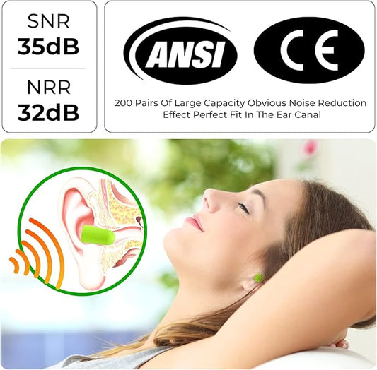 200Pairs Foam Earplugs, 32dB Disposable Noise Reduction Ear Plugs, Hearing Protection Bulk Ear Plugs for Shooting Range, Work, Travel,Concert Green
