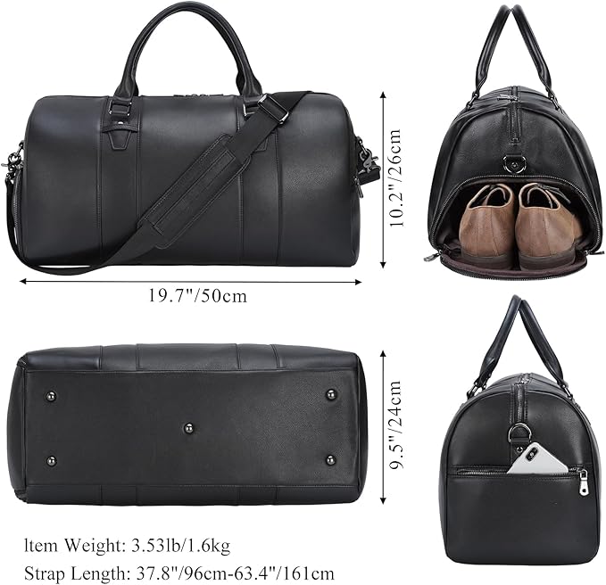 Masa Kawa Black Leather Duffle Bag for Travel Men, 31L Carry On Waterproof Foldable Duffel Bag with Shoe Compartment for Gym, Sports, Overnight Weekender Camping