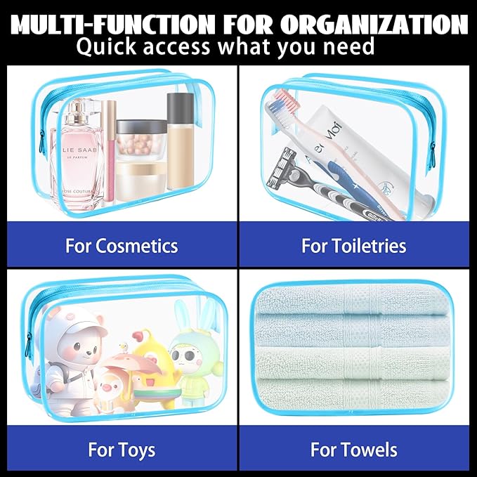 16 Pieces Clear Cosmetic Bags, PVC Clear Pouch with Zipper TSA Approved Toiletry Bag for Travelling, Waterproof Transparent Travel Makeup Cosmetic Organizer Case for Men and Women (Blue-M)