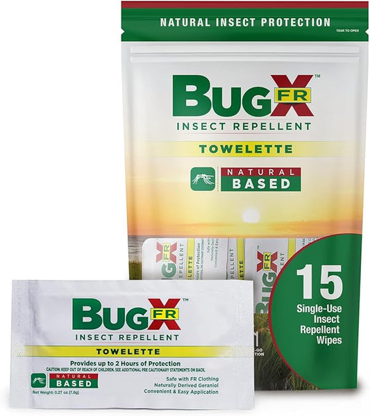 CoreTex Bug X FR DEET-Free Insect Repellent Wipes with Resealable Travel Bag - Pack of 15 Single-Use, Naturally Derived Geranium Oil Bug Wipes - Protects Against Mosquitoes