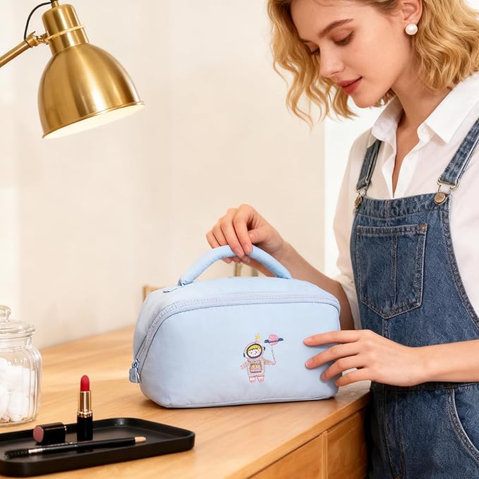 Cute Makeup Bag for Women - Travel Cosmetic Pouch with Large Capacity, Water-Resistant Nylon Make Up Organizer Blue