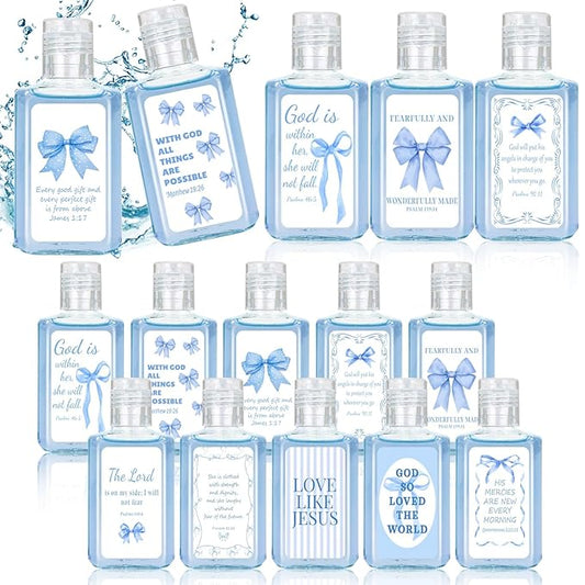 50 Pcs Christian Mini Hand Sanitizer Bulk Coquette Bible Verse Hand Sanitizer Blue Bow Religious Inspirational Favors 1fl oz Travel Size Hand Soap Gift for Christmas Christian Party Supplies