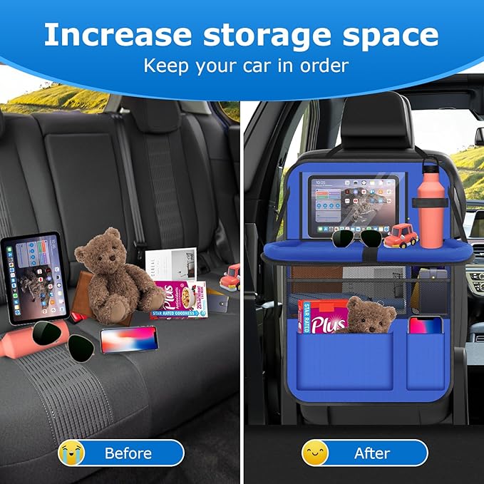 Car Backseat Organizer with tableTray & 9 Storage Pockets for Road Trip Essentials Travel Backseat Car Organizer for Bottle Snack Books(Blue)