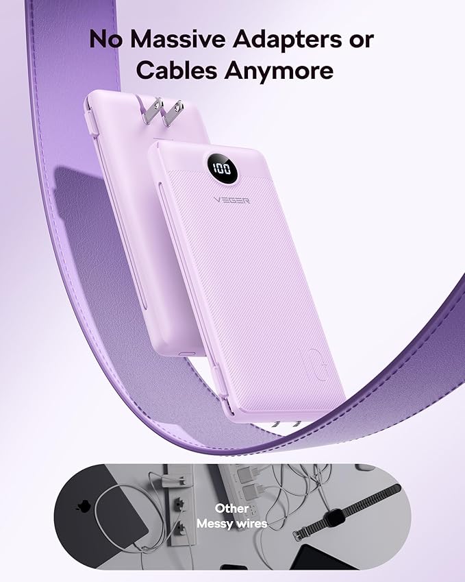 VEGER AC Wall Plug Portable Charger, 10000mah Slim Portable Charger Built in Cables, USB C Power Bank 15W Fast Charging, Travel Essential Battery Pack Compatible with iPhone, Android and More(Blue)