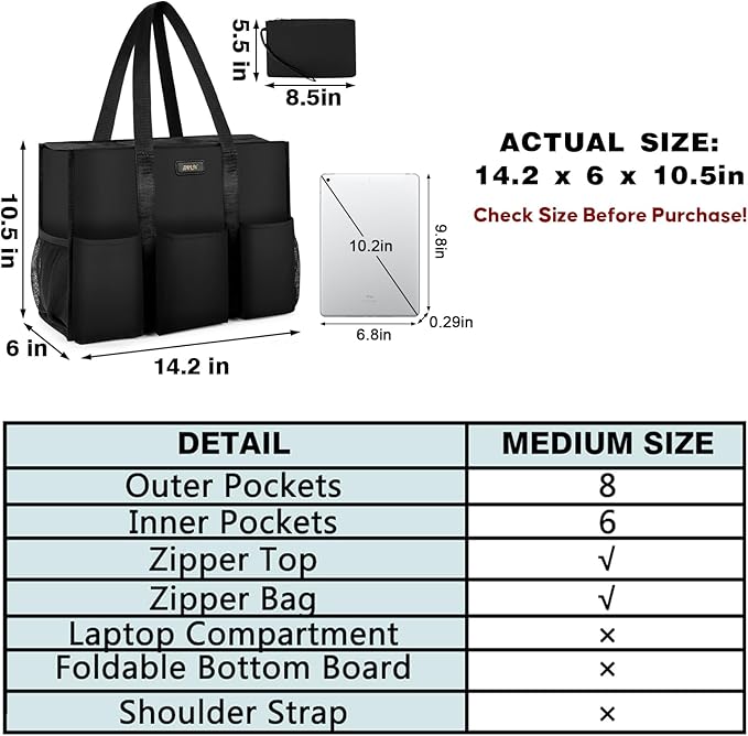 IBFUN Utility Tote Bag with 14/24 Pockets Zip Top Teacher Tote Bag for Teacher/Work Women