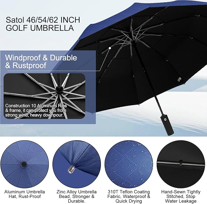 Satol 46/54/62 Inch Large Golf Umbrella, Windproof 10 Ribs Automatic Open/Close Oversize Double Canopy Vented Portable Folding Travel Umbrellas, UPF 50+ Sun & Rain Compact Umbrellas for Outdoor