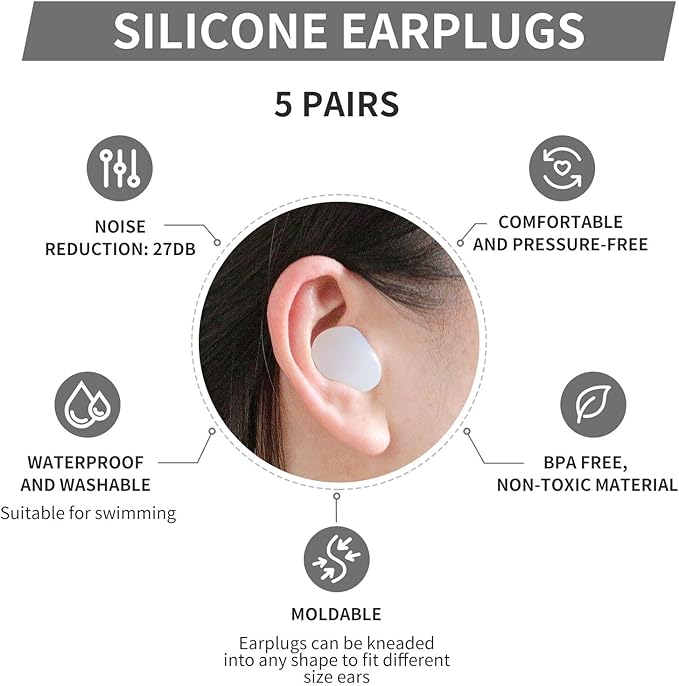 LYSIAN Silicone Moldable Sleep Earplugs Noise Reduction 27dB SNR, 5 Pairs - Noice Cancelling Ear Plugs for Swimming, Sleeping, Snoring (Transparent Color)