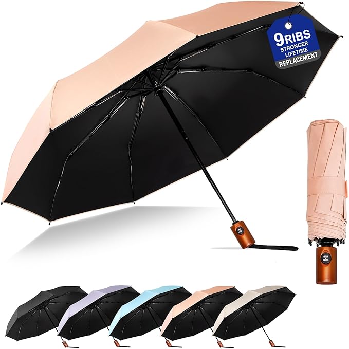 SoulRain Strong Windproof Travel Umbrella with Wooden Handle, Automatic Open Close Compact Folding for Rain & Sun UV Protection, Lightweight Durable Portable for Car, Backpack, Women & Men
