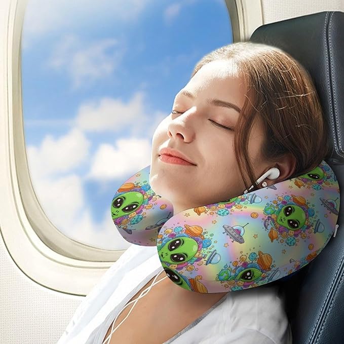 Funny Memory Foam Neck Pillow Travel U Shaped Cushion with Zip Cover, Chin Support for Airplane Car Office Home Nap, Cute Alien Space Planet