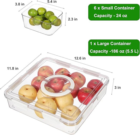 Taiuloo Divided Serving Tray with Airtight Lid and Handle, 6 Compartment Snackle Box Container, Portable Snack Platters, Clear Fridge Organizer & Food Storage for Veggie, Fruit, Charcuterie, Nuts