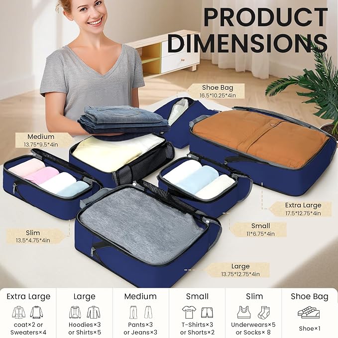 BAGAIL 4 Set/6 Set/8 Set Compression Packing Cubes Travel Accessories Expandable Packing Organizers (Half Mesh, 6-Navy)