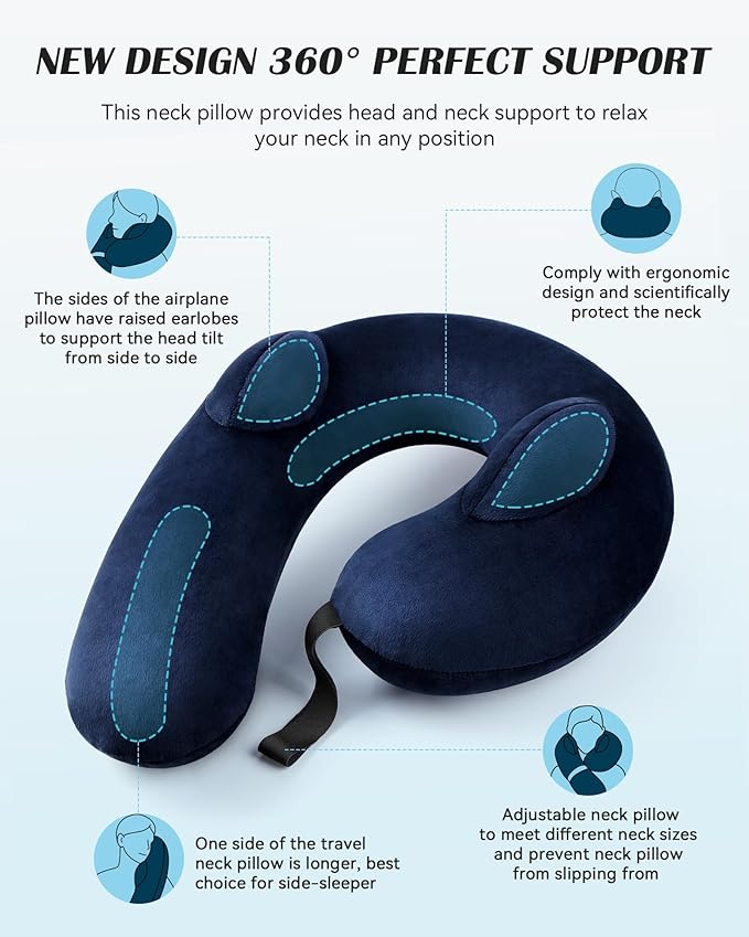 Patented Design Inflatable Travel Neck Pillow – Airplane Neck Pillow with 360° Head & Neck Support, Soft Washable Velvet Cover, Compact Neck Support Pillow for Airplane,Train,Car,Office & Home (Blue)