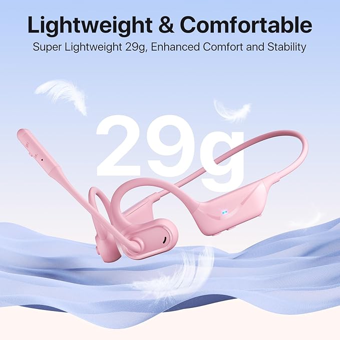 Open Ear Headphones with Mic, 29g Bluetooth Headset, Sweat Resistant,12Hrs, Dual Connect, Wireless Bluetooth Headphones with Noise Cancelling Microphone & Mute, for Work, Workout, Driving, Call, Pink