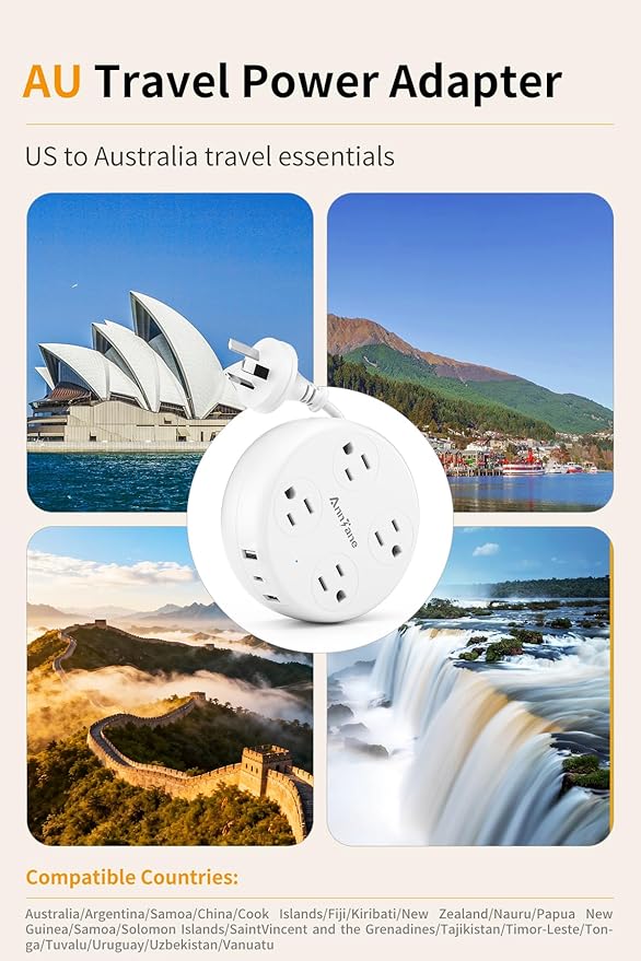 Australia Travel Adapter with USB C, US to Australia Plug Adapter with 4 Outlets 3 USB Ports, Type I Outlet Adapter for US to New Zealand, China, Argentina,Fiji, AU (White)