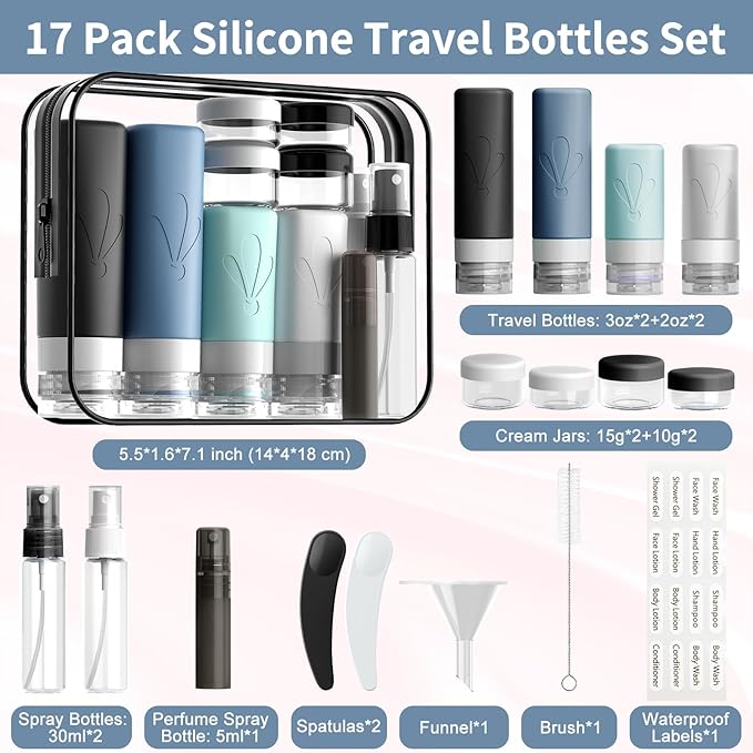 INSFIT 17pack Travel Bottles for Toiletries, TSA Approved Squeezable Silicone Liquid Containers for Shampoo Conditioner Lotion & Body Wash Vacation Travel Essentials with Labels