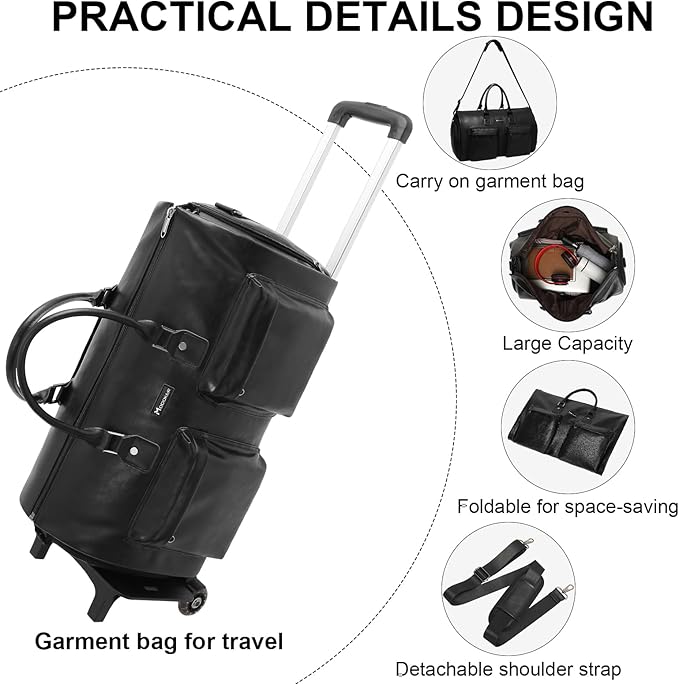 Modoker Rolling Garment Bag for Travel Wheeled Duffel Bag Luggage Suit Travel Bags for Men and Women,3 in 1 Carry on Convertible Garment Bag with Wheels,Black