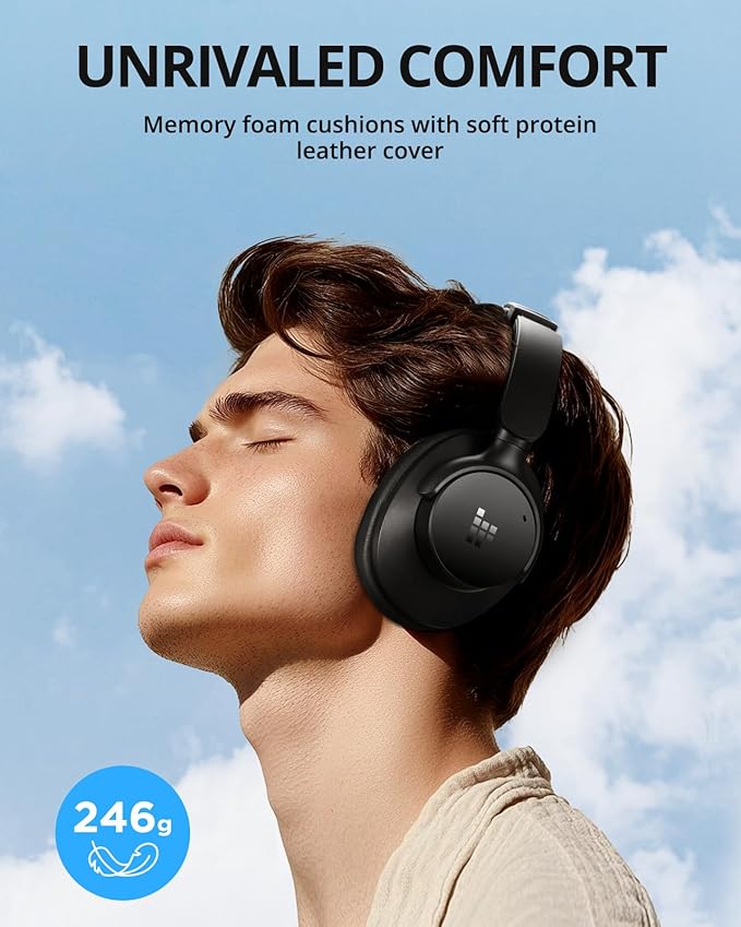 Tronsmart Sounfii Q20 Active Noise Cancelling Headphones, Wireless Over Ear Headphones, 60H Playtime, Rich-Detailed Sound, Customize EQ, Comfort Fit Ear Cups, for Travel, Home Office(Black)