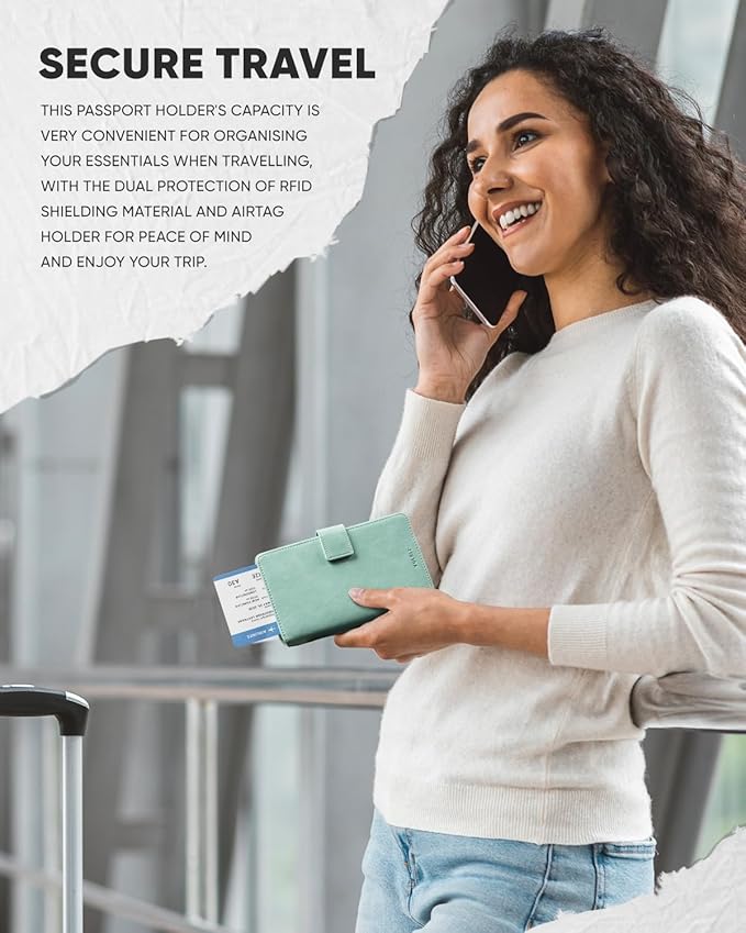 VULKIT Passport Holder with Airtag Holder RFID Blocking Passport Wallet Travel Leather Passport for Women(Mint Green)