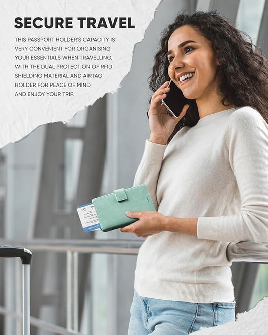 VULKIT Passport Holder with Airtag Holder RFID Blocking Passport Wallet Travel Leather Passport for Women(Mint Green)
