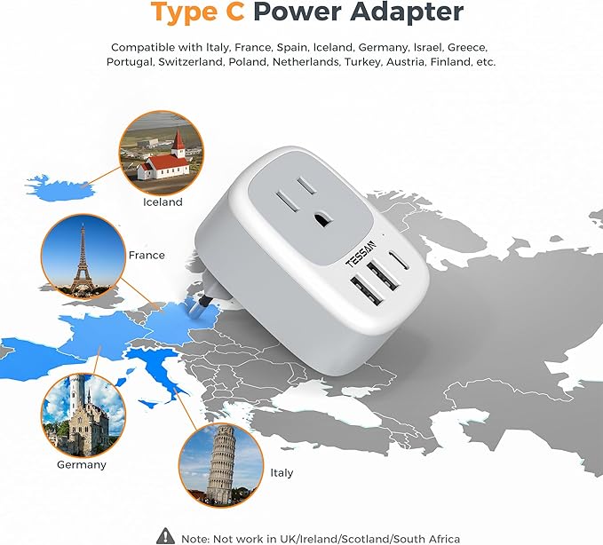 TESSAN European Travel Plug Adapter, Europe Power Outlet with 3 USB Ports (1 USB C Port), Type C Plug Adaptor for US to EU Italy Spain France Greece Portugal Iceland, International Travel Essentials