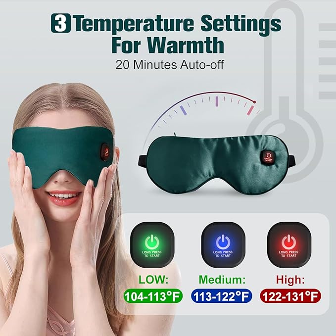 Heated Eye Mask, Rechargeable Detachable Washable Faux Silk Electric Cordless Dry Eyes Warmer Compress Graphene Sleep Mask Travel Gifts for Men Women, 3 Heat Levels & Auto-Off, Blackish Green