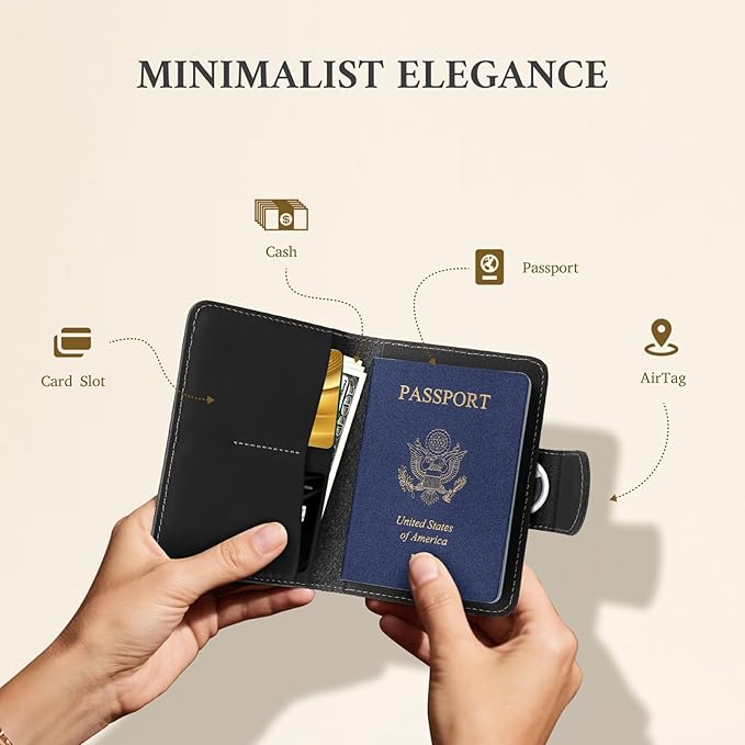 ALLIVE Passport Holder for Travel, Genuine Leather Passport Holder with AirTag Hidden Pocket, Rfid Blocking Passport Cover Travel Wallet for Women Men, Airport Essentials Gift (Black)