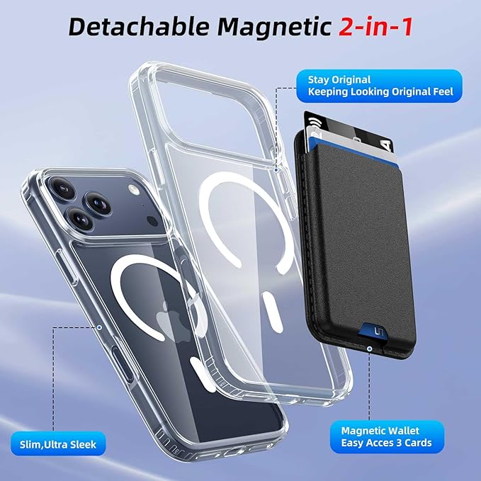 Ntwinro Magnetic for iPhone 17 Pro Clear Case (Compatible with MagSafe) with Black Detachable Wallet & Card Holder for 3 Cards [RFID Blocking] Military Grade Protective Slim Phone Cover