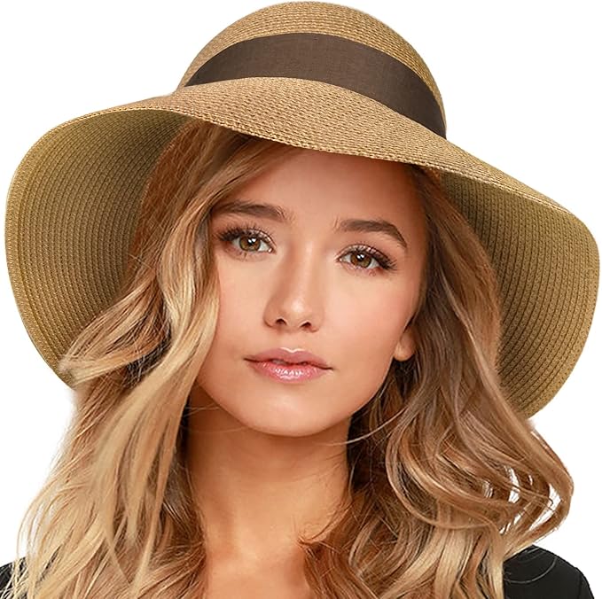 FURTALK Womens Beach Sun Straw Hat UV UPF 80+ Travel Foldable Brim Summer UV Hat