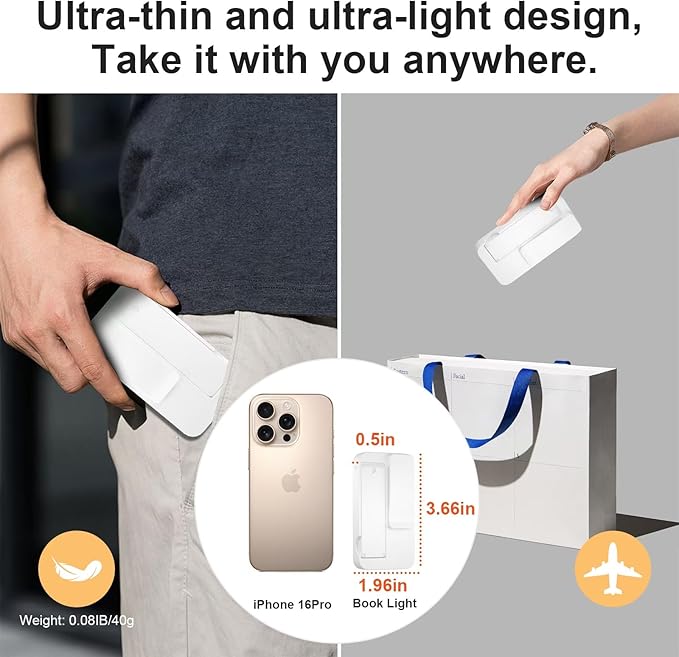 Rechargeable Book Light for Reading in Bed,Foldable & Portable Clip-On Reading Light,3 Color Amber Eye Care & Stepless Dimming,80H Lasting Small LED Desk Lamp for Book Lovers,Office,Home,Travel