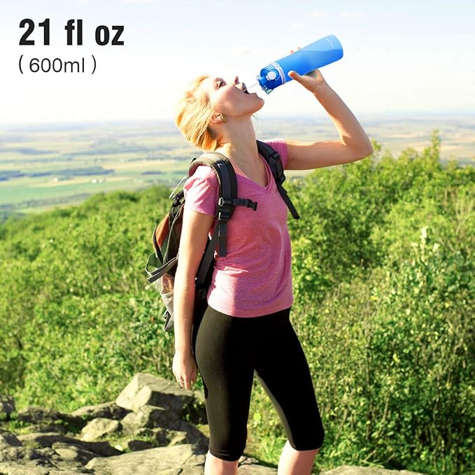 Valourgo Collapsible Water Bottle, Silicone Foldable with Leak Proof Valve BPA Free, Aqua Blue, 21 oz