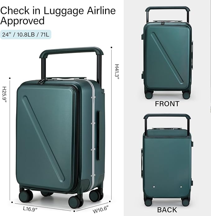 MILADA Wide Handle Luggage with Front Pocket Hardshell Aluminium Check In Suitcase with Wheels Medium 24 Inch Front Opening Checked Luggage with Spinner Wheels TSA Approved Luggage, Blackish Green