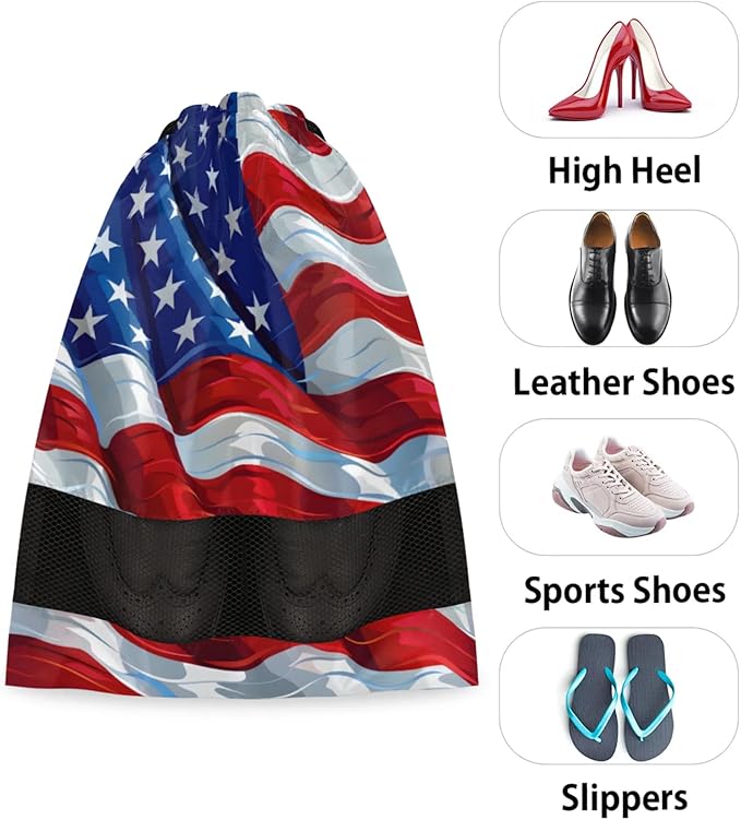 Flag US Travel Shoe Bag Waterproof Portable Shoe Bags for Storage with Drawstring,Breathable Mesh Washing Organizer for Laundry Sneakers Boots Dance Shoes
