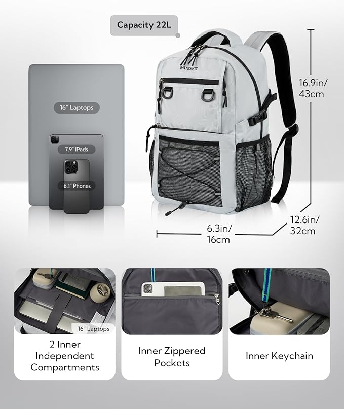 WATERFLY Travel Hiking Casual Backpack: 22L Lightweight Everyday Outdoor City Daypack College Bookbag for Women Men