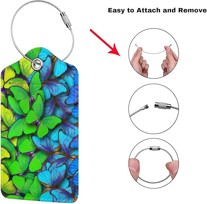 2Pcs Green Blue Butterfly Luggage Tags for Suitcases for Women Girls, Pretty Leather Suitcases Tag with Stainless Steel Loop Privacy Cover ID Label Travel Bag Tags Luggage Identifiers for Kids Adults