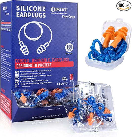 Dison 100Pairs Silicone Ear Plugs, 32dB Corded Reusable Earplugs for Hearing Protection, Noise Reduction for Shooting Range, Work, Travel